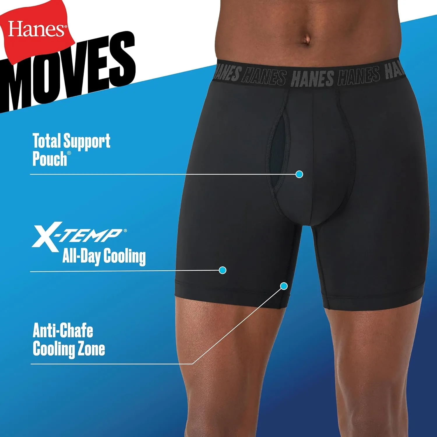 Hanes Men's Moves Performance Boxer Brief, Total Support Pouch, Regular/Trunk/Long Leg, 3-Pack, 8"