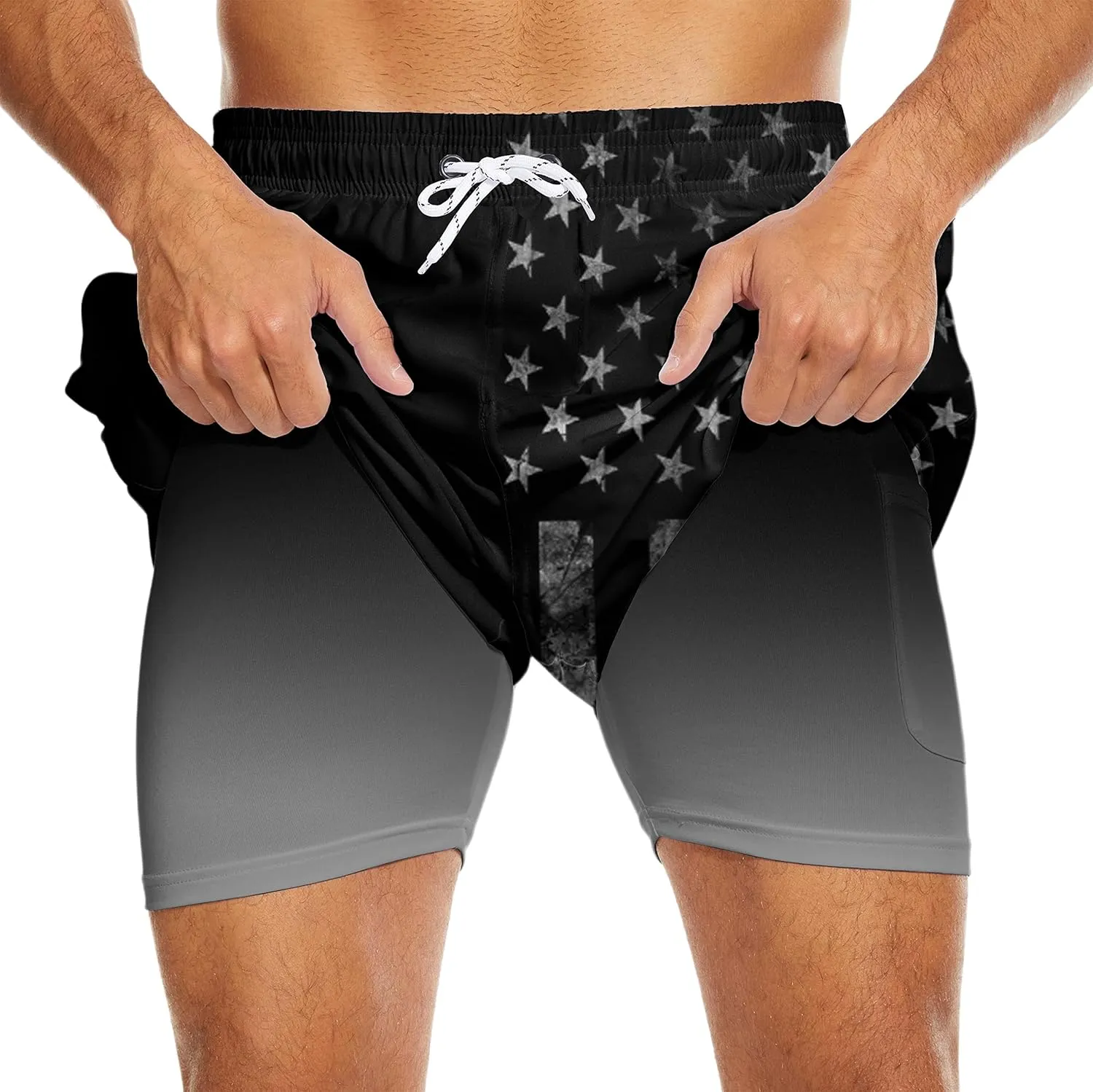 Mens Swim Trunks with Liner Breathable Compression Swim Shorts with 3 Pockets Flag Bathing Suit for Beach