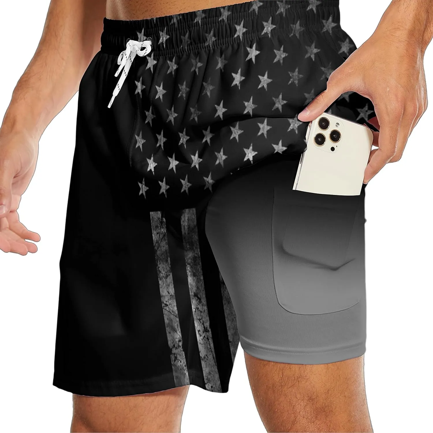 Mens Swim Trunks with Liner Breathable Compression Swim Shorts with 3 Pockets Flag Bathing Suit for Beach