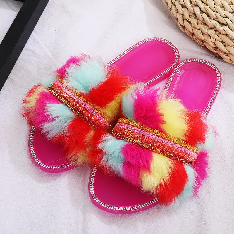 Multi-Color Faux-Fur Slippers with Rhinestones for Women