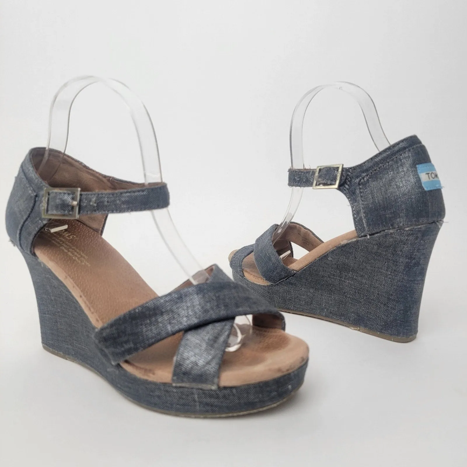 [TOMS] Sienna Iridescent  Black Denim Wedge Heel Sandals - 8.5